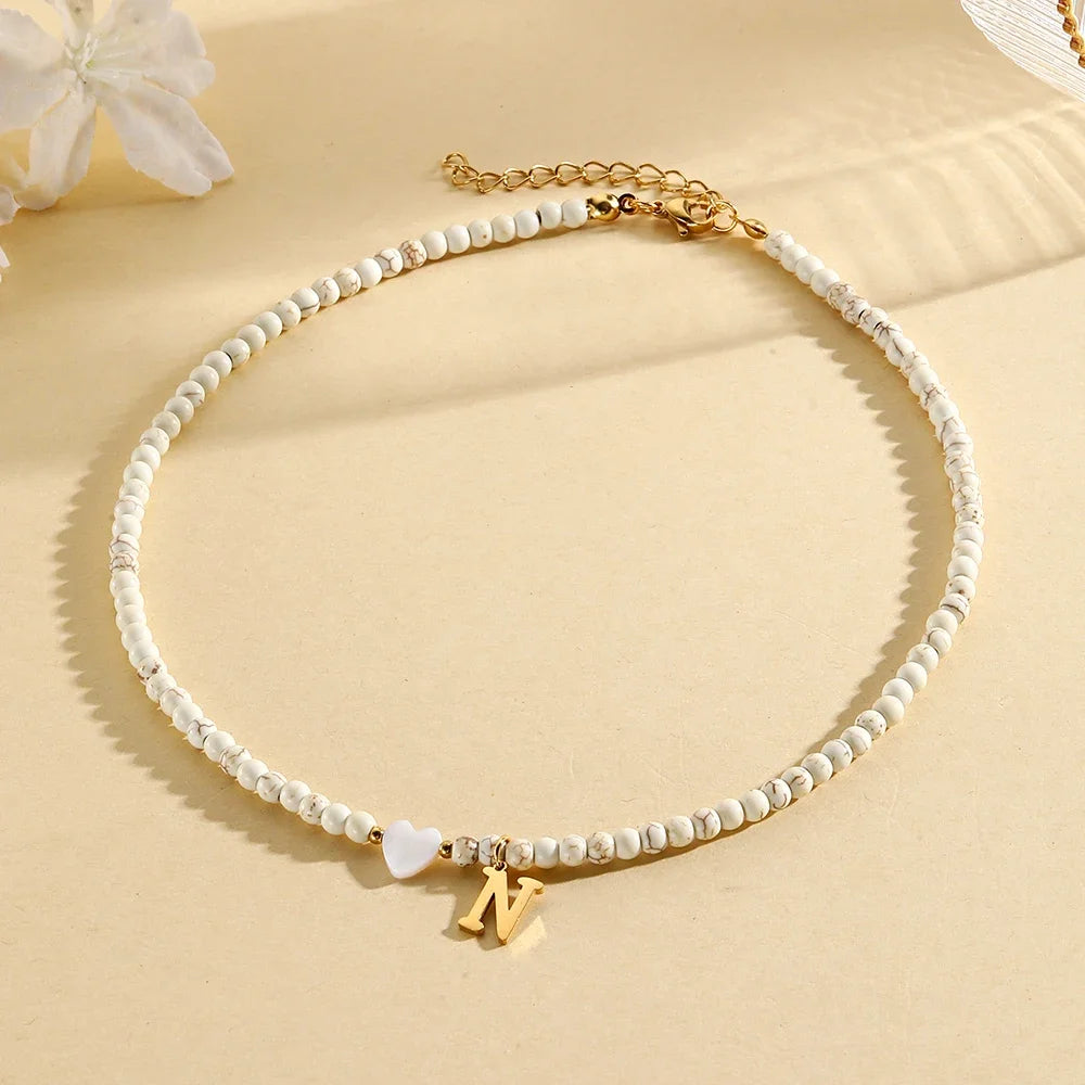 Bohemian Trendy A-Z Initial Heart Shaped Shell letter Pendant Beads Gold Women Necklace Choker