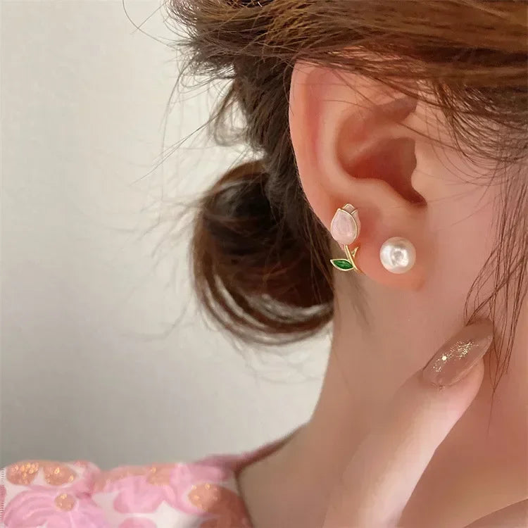 Sweet Fashion Enamel Pearl Tulip Flower Korean Zircon Back Hanging Gold Women Earrings Jewelry Gifts