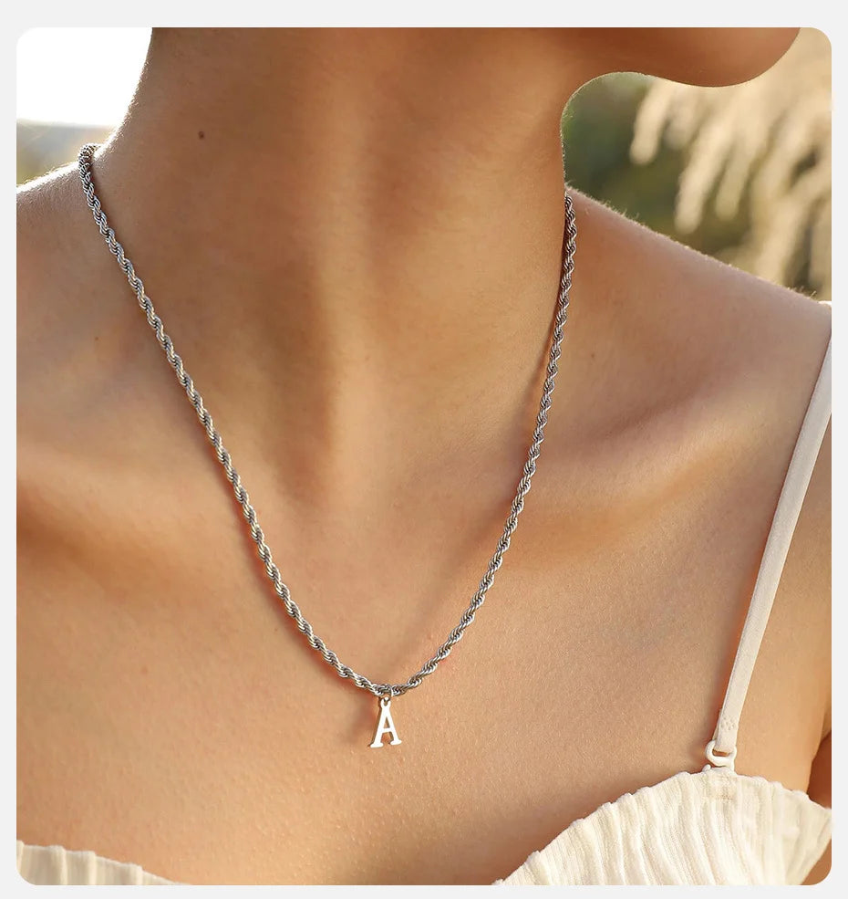 Initial A-Z Letters Alphabet Charm Pendant Twisted Rope Chain Unisex Gold Silver Women Men Necklaces