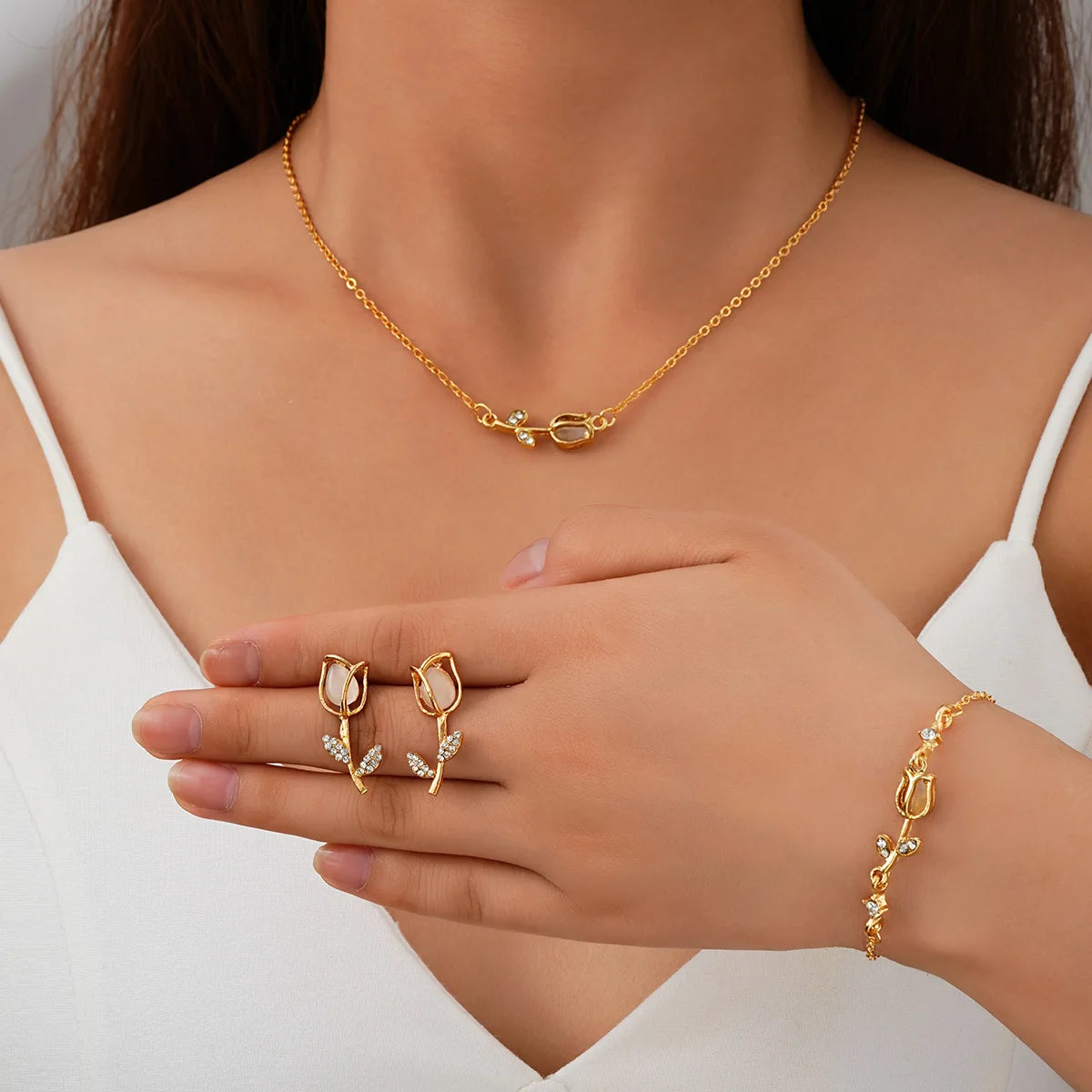 New Fashion Tulip Flower Niche Design Jewelry Sets Gold Silver Women Bracelet Necklace Earrings Sets