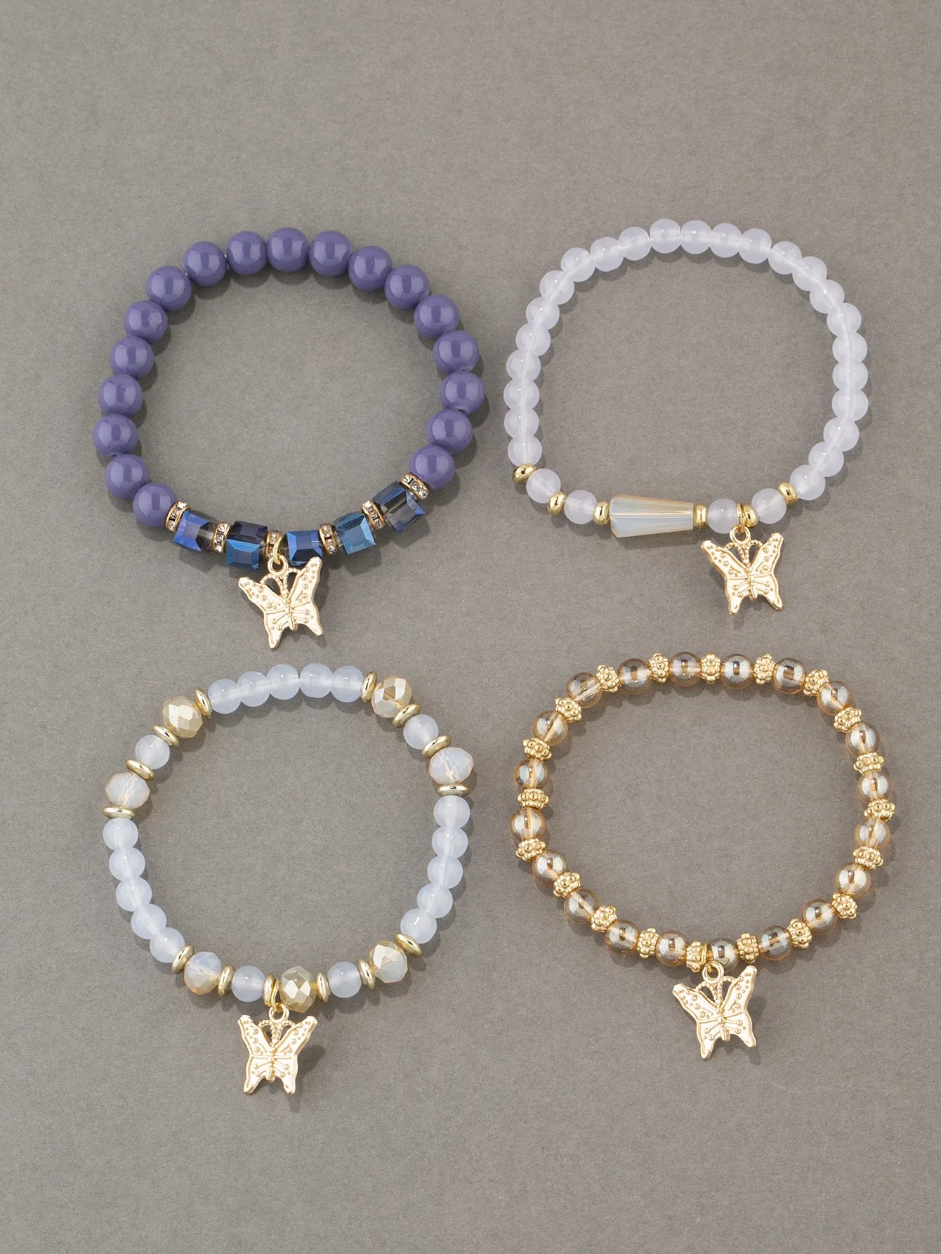 4pcs Trendy Butterfly Beaded Acrylic Beads Bohemian Elastic Chain Gold Women Bracelet Set Bangle Set