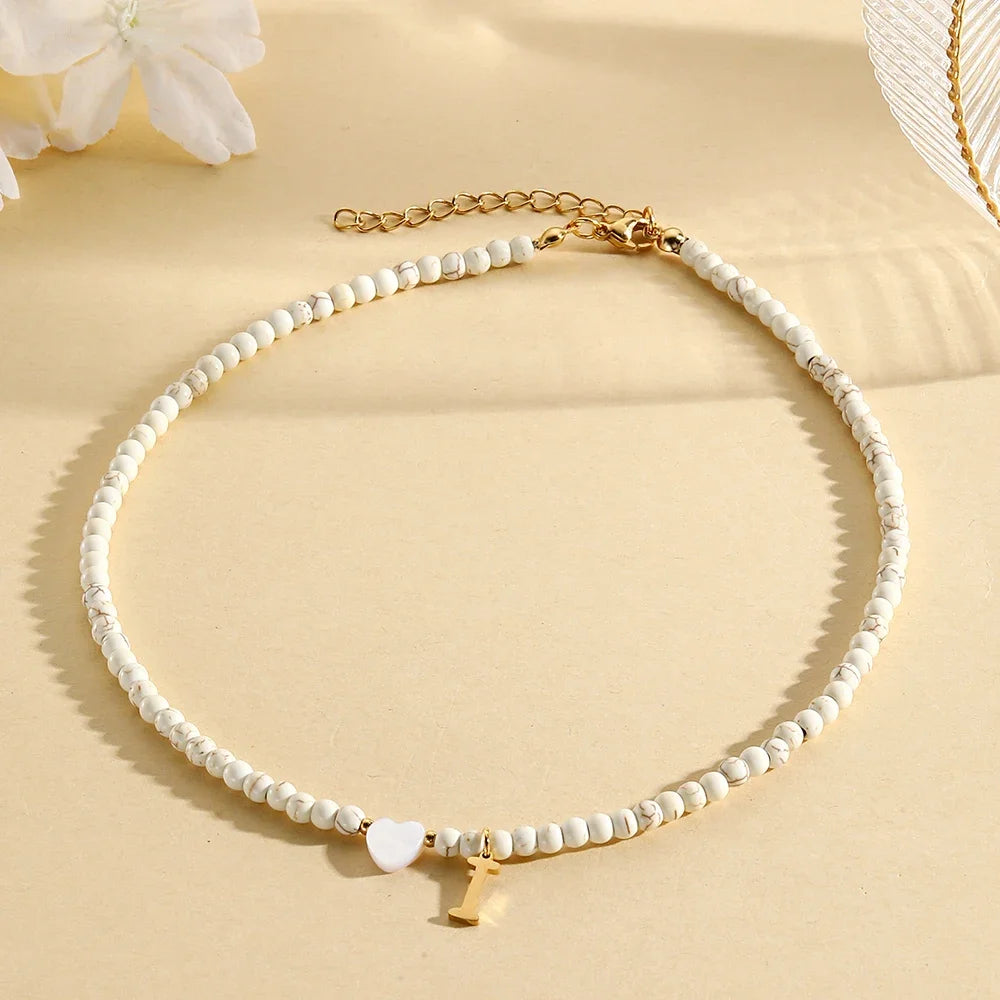 Bohemian Trendy A-Z Initial Heart Shaped Shell letter Pendant Beads Gold Women Necklace Choker