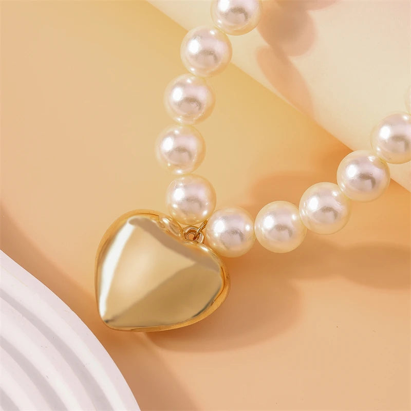 Elegant Trendy Cool Imitation Pearl Big Love Heart Pendant Gold Women Necklace Jewelry Gifts