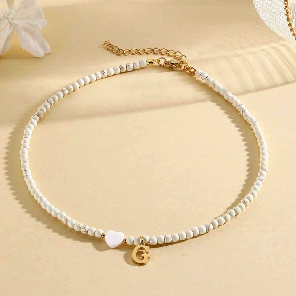 Bohemian Trendy A-Z Initial Heart Shaped Shell letter Pendant Beads Gold Women Necklace Choker