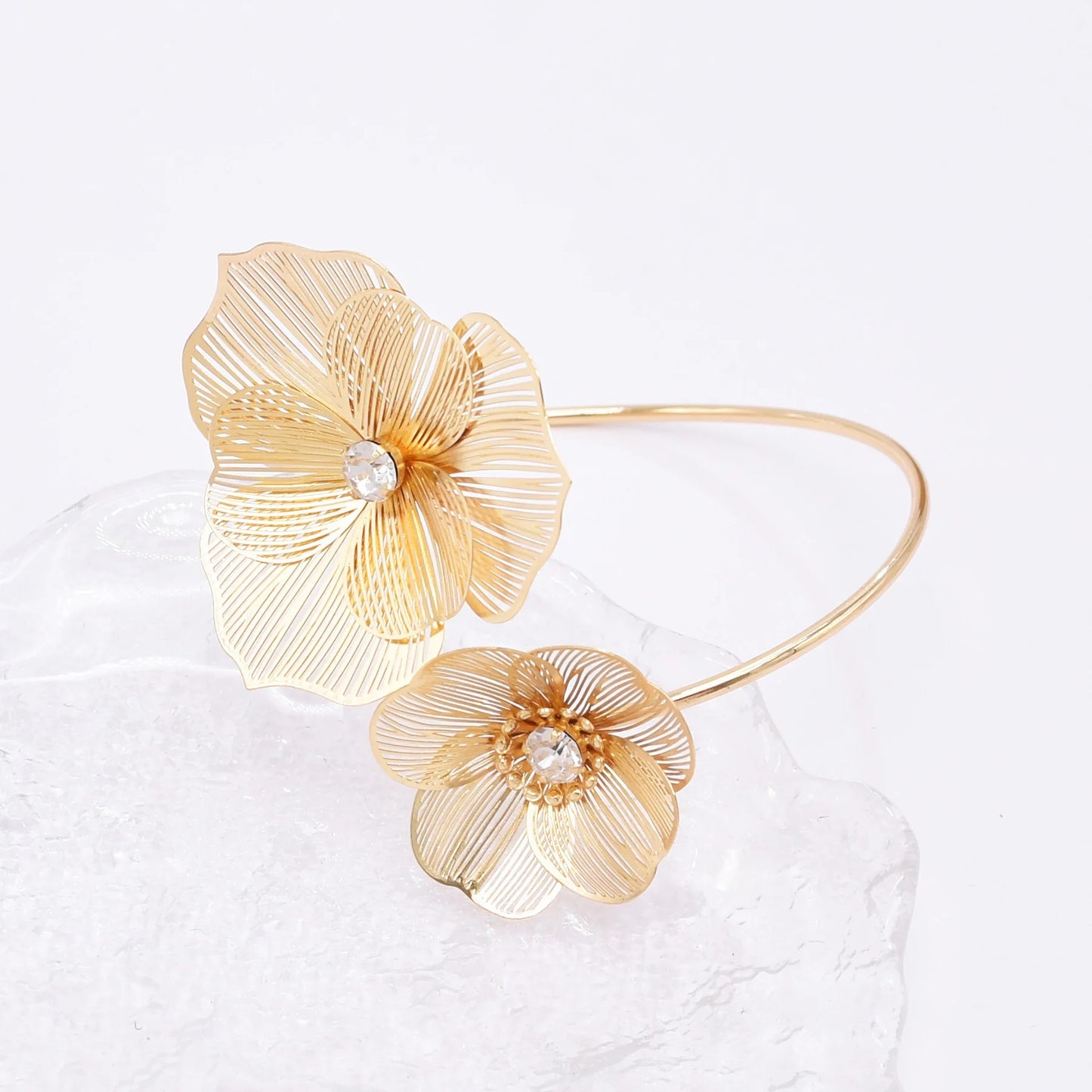 Hollow Crystal Flower Opening Arm Luxury Bridal Wedding Gold Silver Women Bracelet Bangle Jewelry