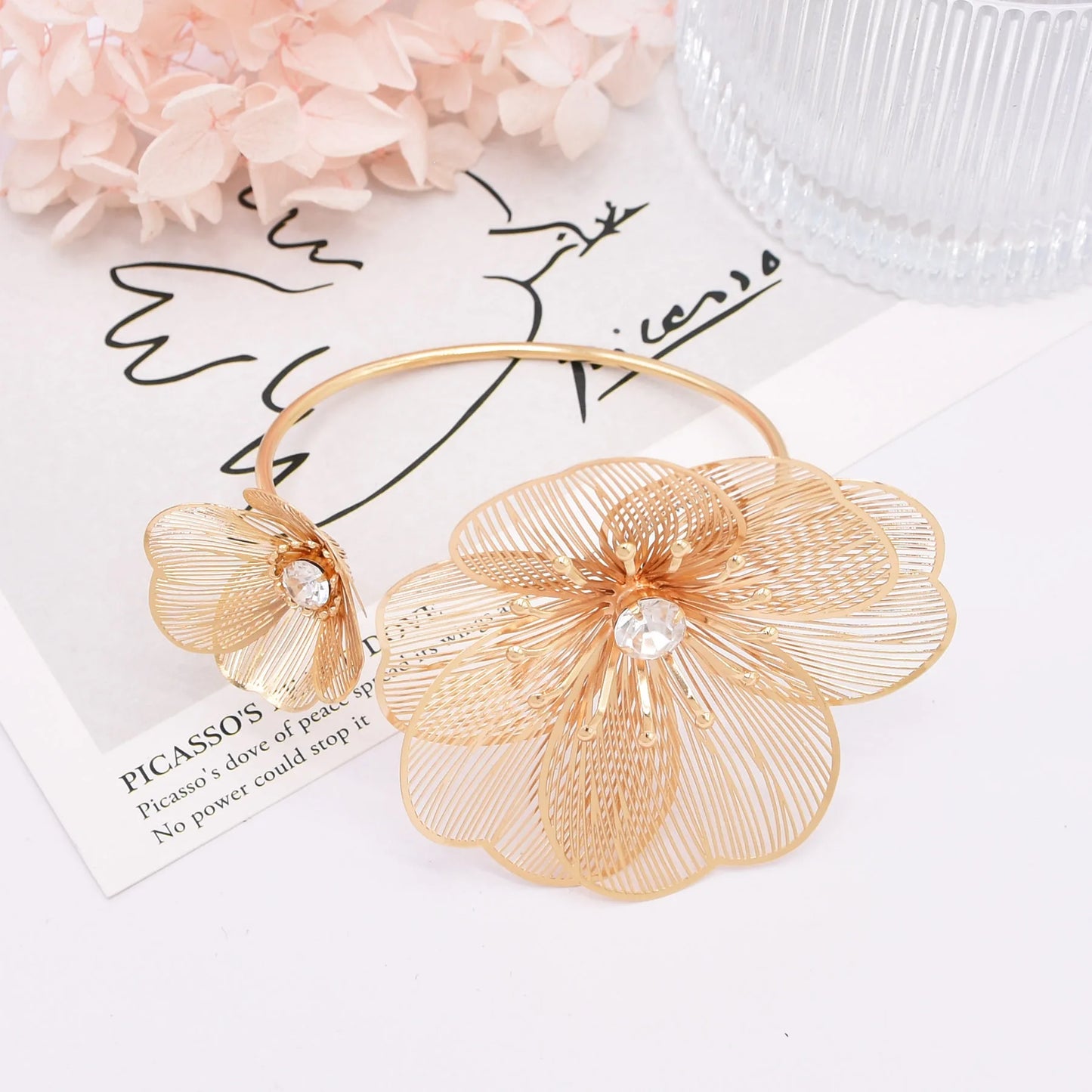 Hollow Crystal Flower Opening Arm Luxury Bridal Wedding Gold Silver Women Bracelet Bangle Jewelry