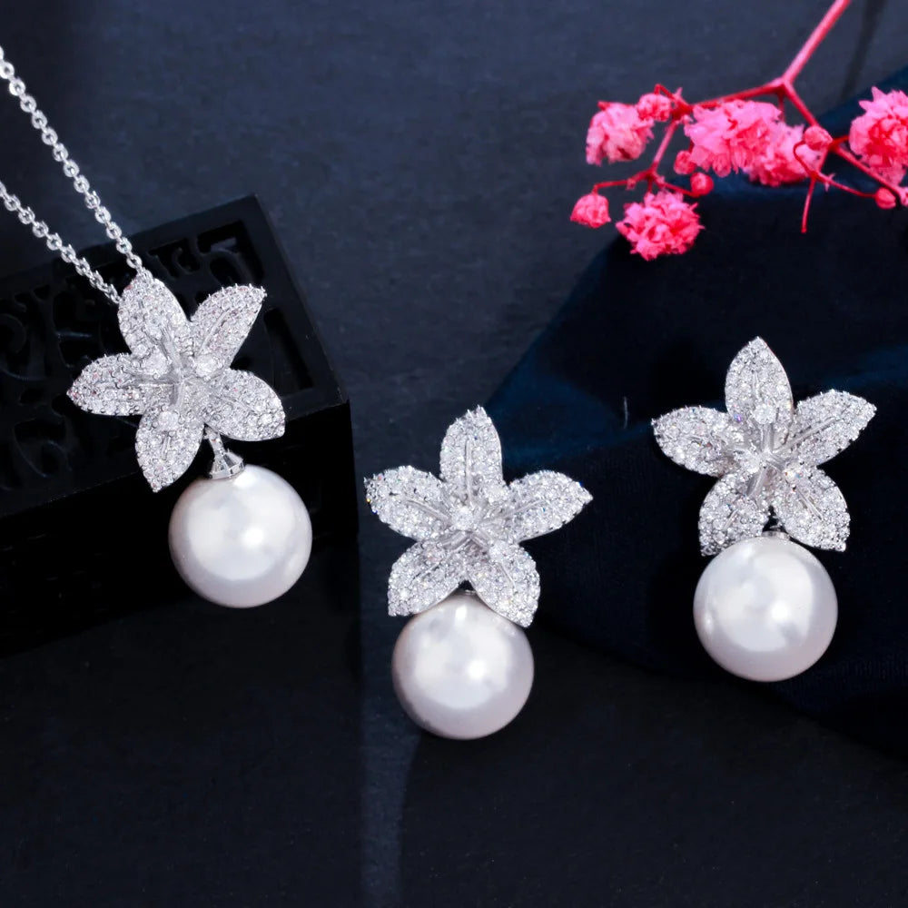 Pearl Flower Fairy Sweet Elegant Micro-Embedded Necklace Earrings Gold Silver Women Jewelry Set