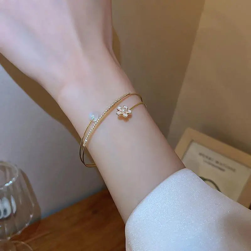 Luxury Zircon Flower Imitation Pearl Opening Gold 3 Layers Fashion Women Bracelet Bangle Jewelry