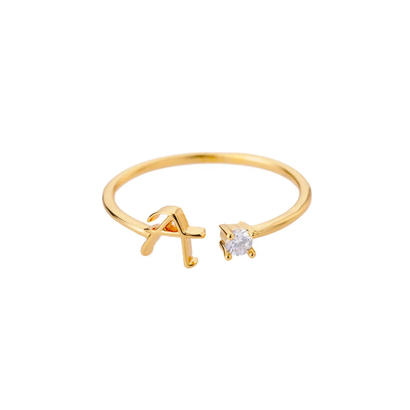 A-Z Initial Open Adjustable Wedding Trendy Crystal Zircon Gold Couple Women Rings Jewelry Gift
