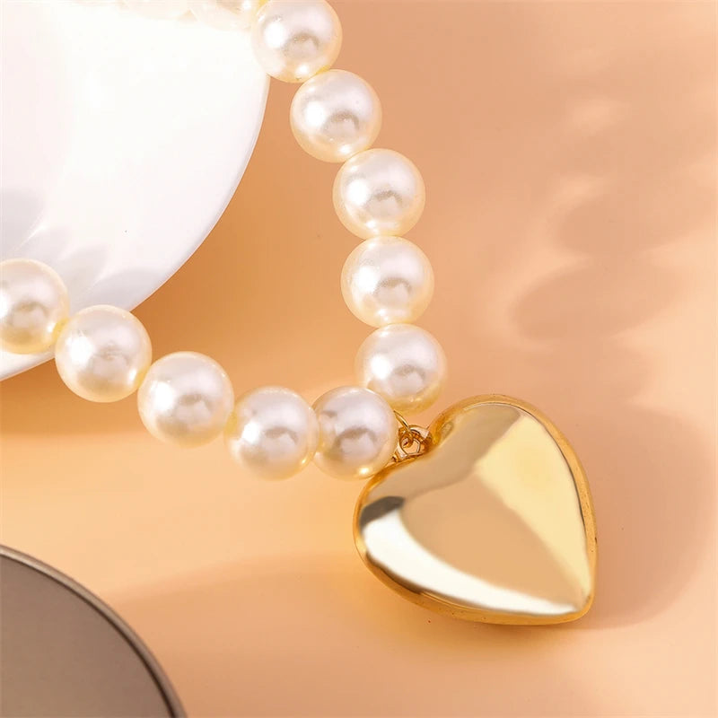 Elegant Trendy Cool Imitation Pearl Big Love Heart Pendant Gold Women Necklace Jewelry Gifts