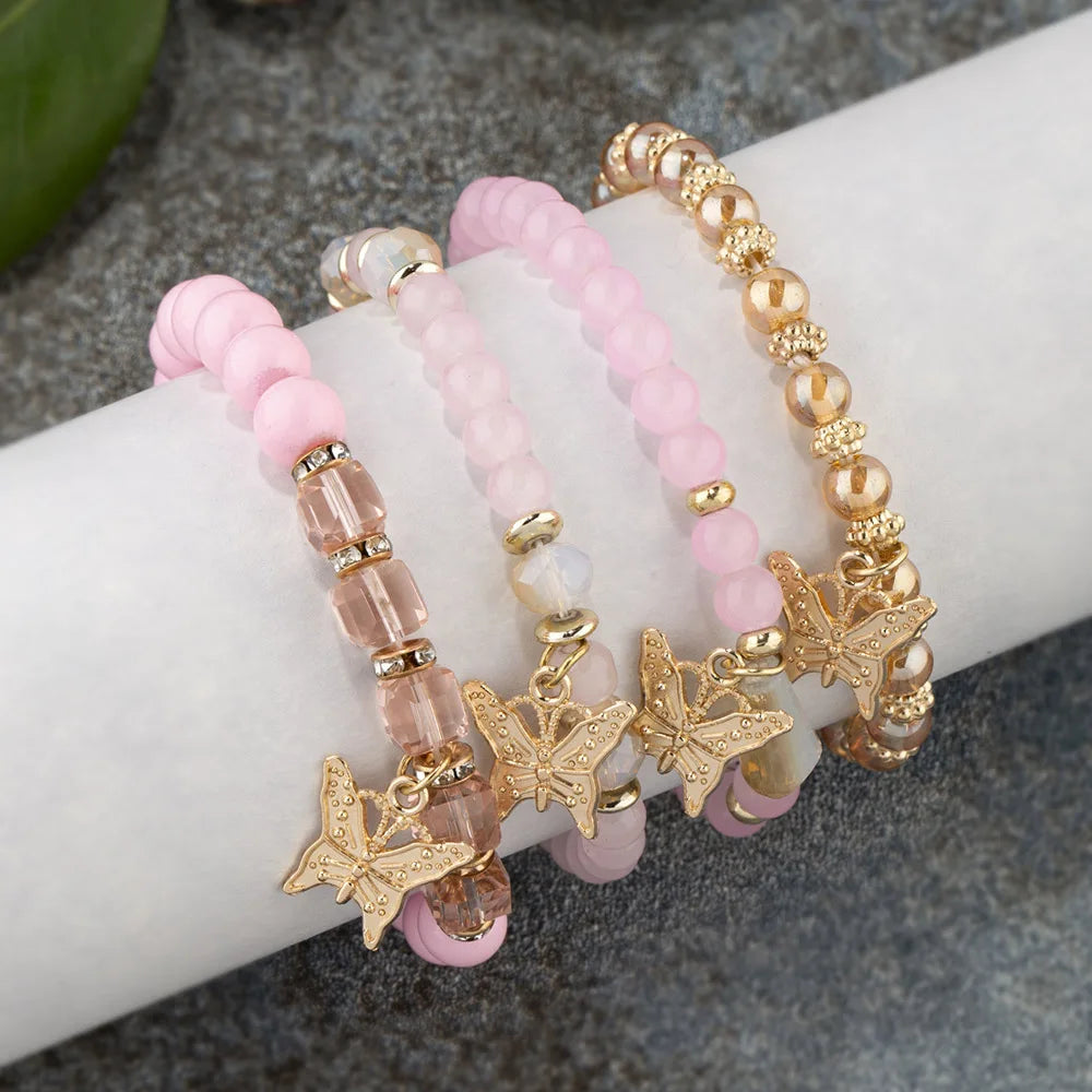 4pcs Trendy Butterfly Beaded Acrylic Beads Bohemian Elastic Chain Gold Women Bracelet Set Bangle Set
