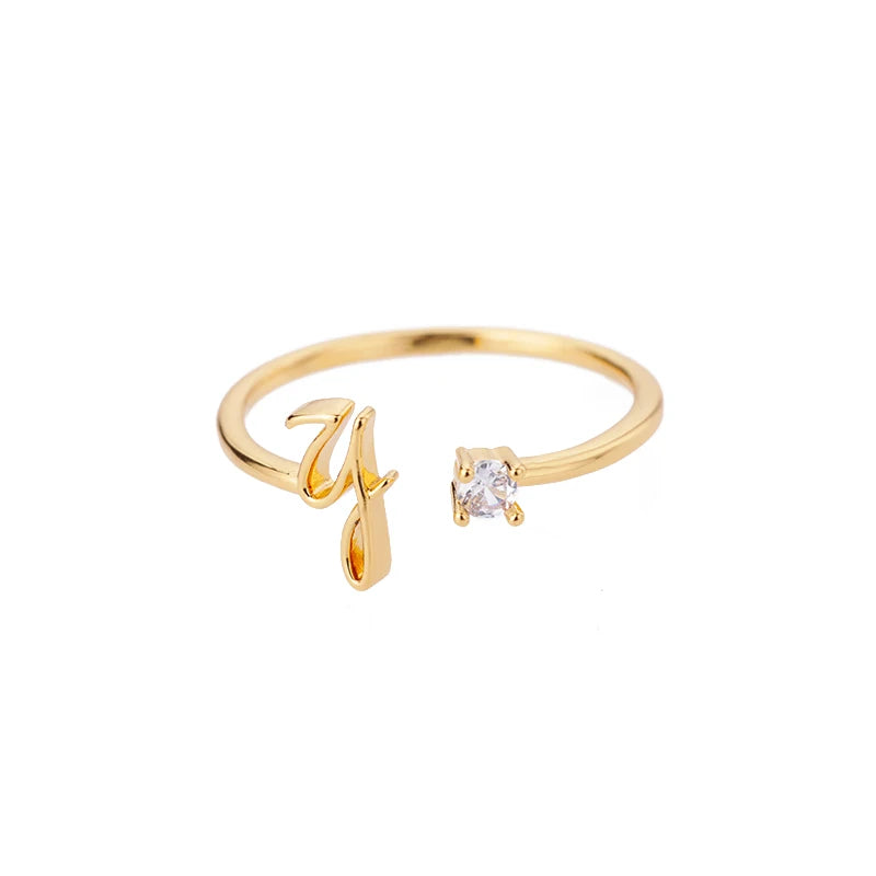 A-Z Initial Open Adjustable Wedding Trendy Crystal Zircon Gold Couple Women Rings Jewelry Gift