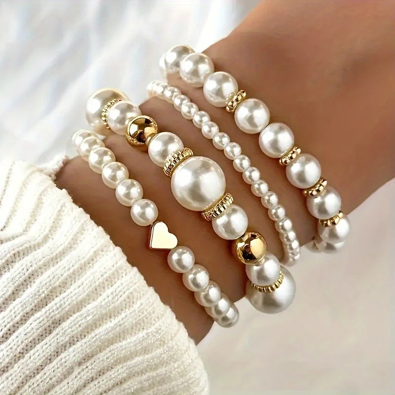 4pcs Beautiful Versatile Pearl Gold Beads Love High Grade Elegant Fashion Women Bracelet Bangle Set