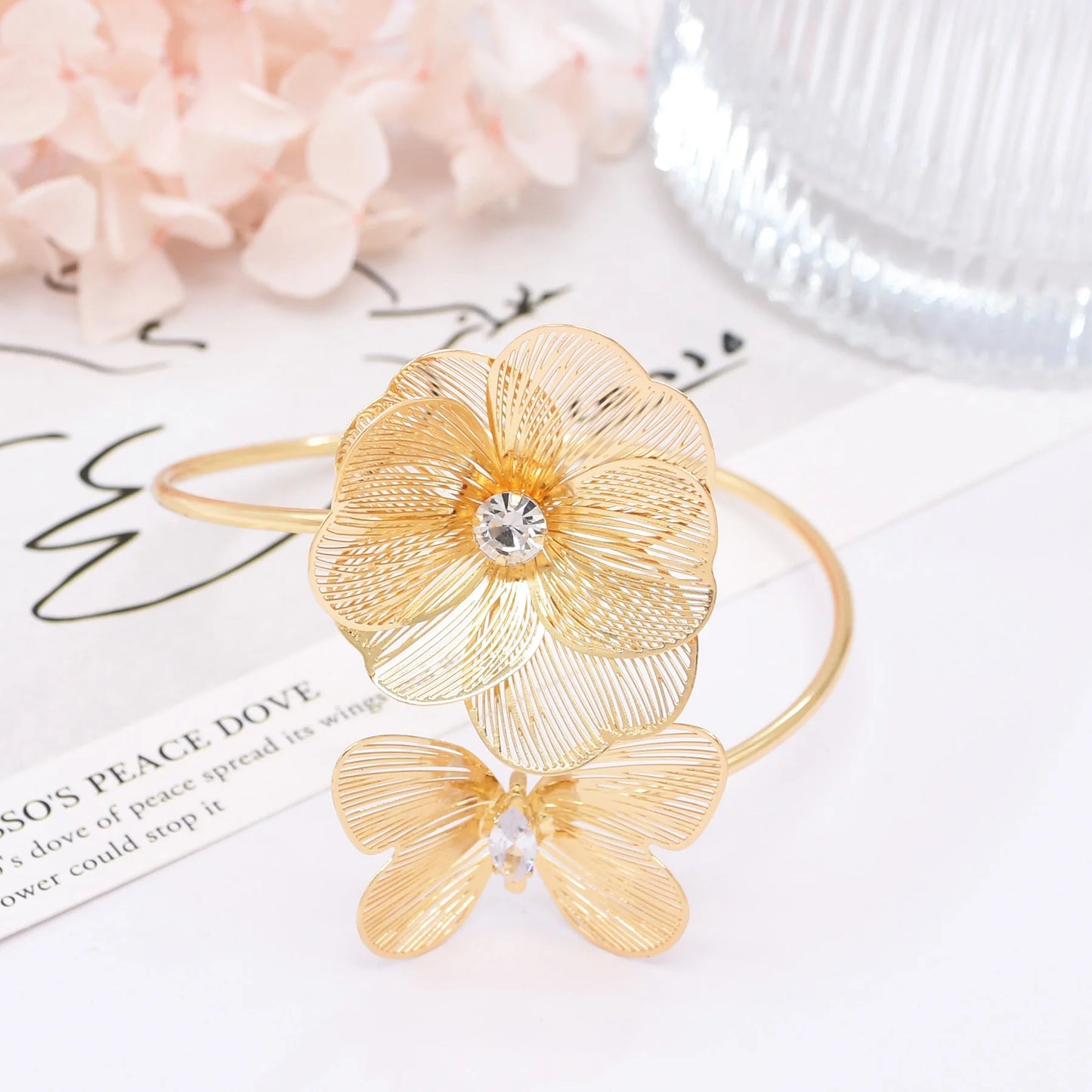 Hollow Crystal Flower Opening Arm Luxury Bridal Wedding Gold Silver Women Bracelet Bangle Jewelry