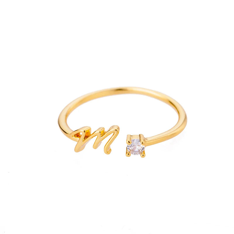 A-Z Initial Open Adjustable Wedding Trendy Crystal Zircon Gold Couple Women Rings Jewelry Gift