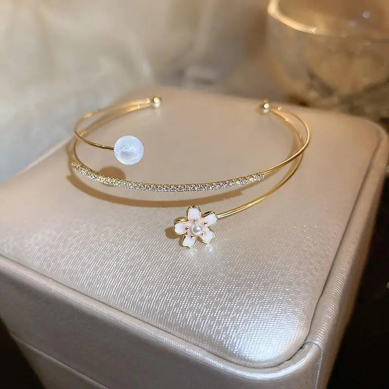 Luxury Zircon Flower Imitation Pearl Opening Gold 3 Layers Fashion Women Bracelet Bangle Jewelry