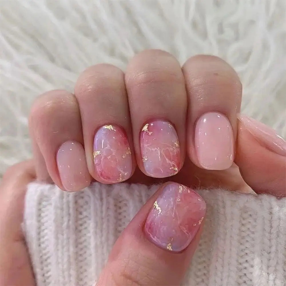24pcs Short Round French Sparkling Pearl Wavy Love Heart Full Cover Detachable False Press On Nails