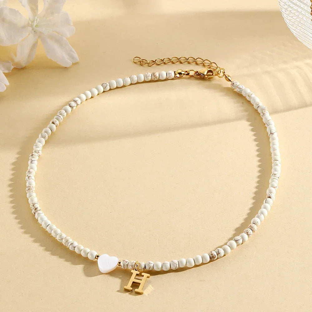 Bohemian Trendy A-Z Initial Heart Shaped Shell letter Pendant Beads Gold Women Necklace Choker
