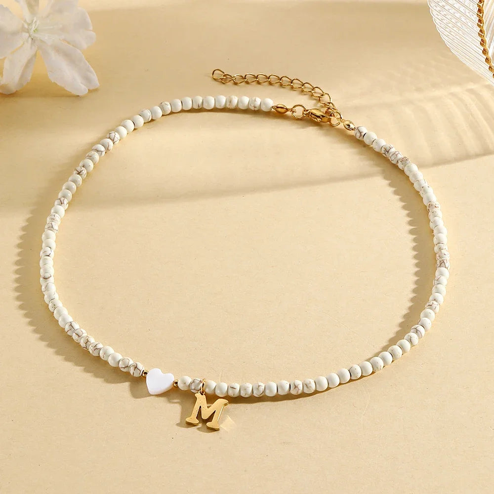Bohemian Trendy A-Z Initial Heart Shaped Shell letter Pendant Beads Gold Women Necklace Choker