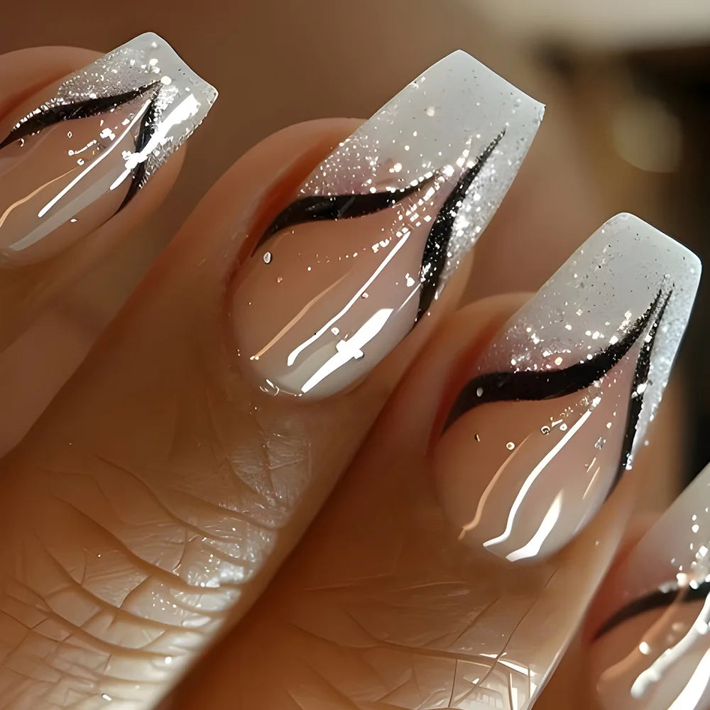 24pcs Simple Square Jelly Glue Gradient French Press on Fake False Nails Short Full Cover Nail Tips