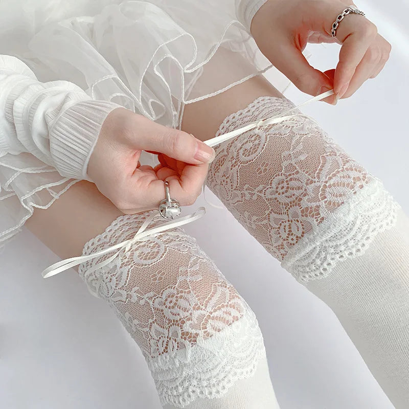 Autumn Winter White Ribbon Thigh High Lace Cute Lolita Thick Warm Long Leg Socks Women Stockings