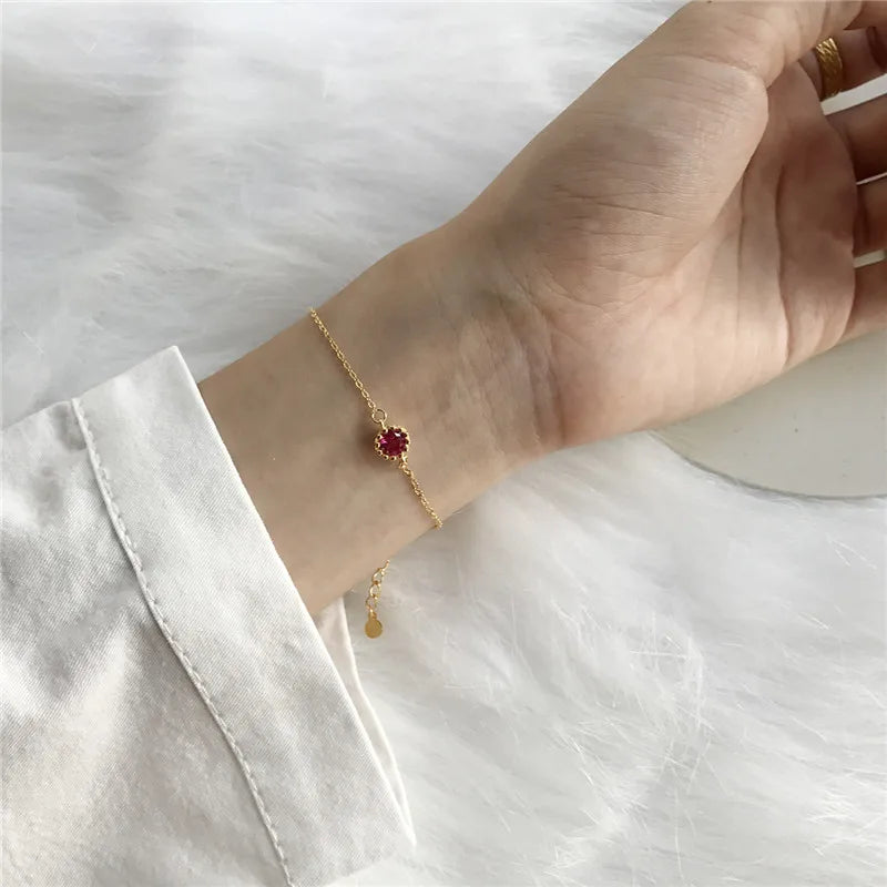 Korean Simple Geometric Rose Red Gold Zircon Thin Chain Fashion Women Bracelet Jewelry Gift
