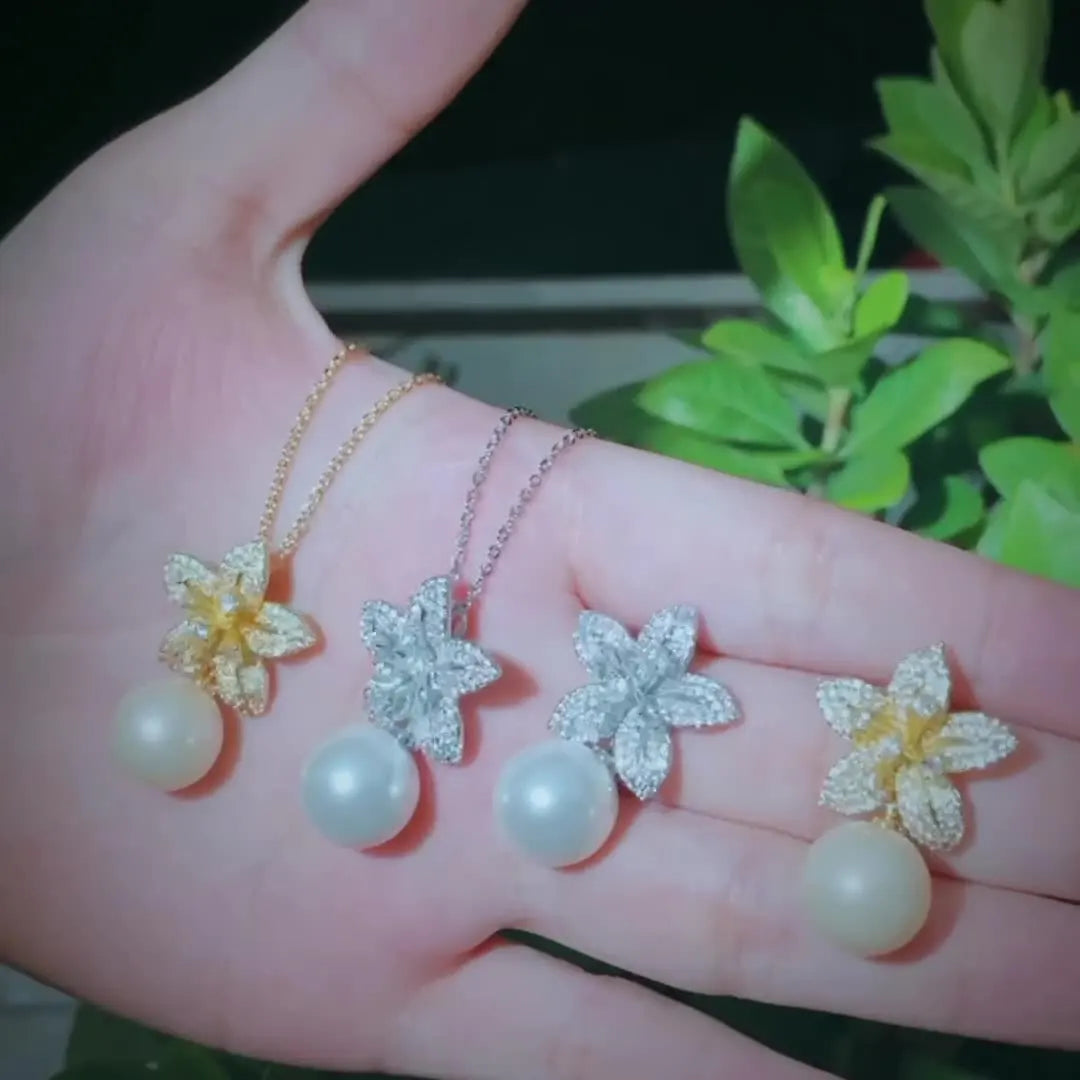 Pearl Flower Fairy Sweet Elegant Micro-Embedded Necklace Earrings Gold Silver Women Jewelry Set