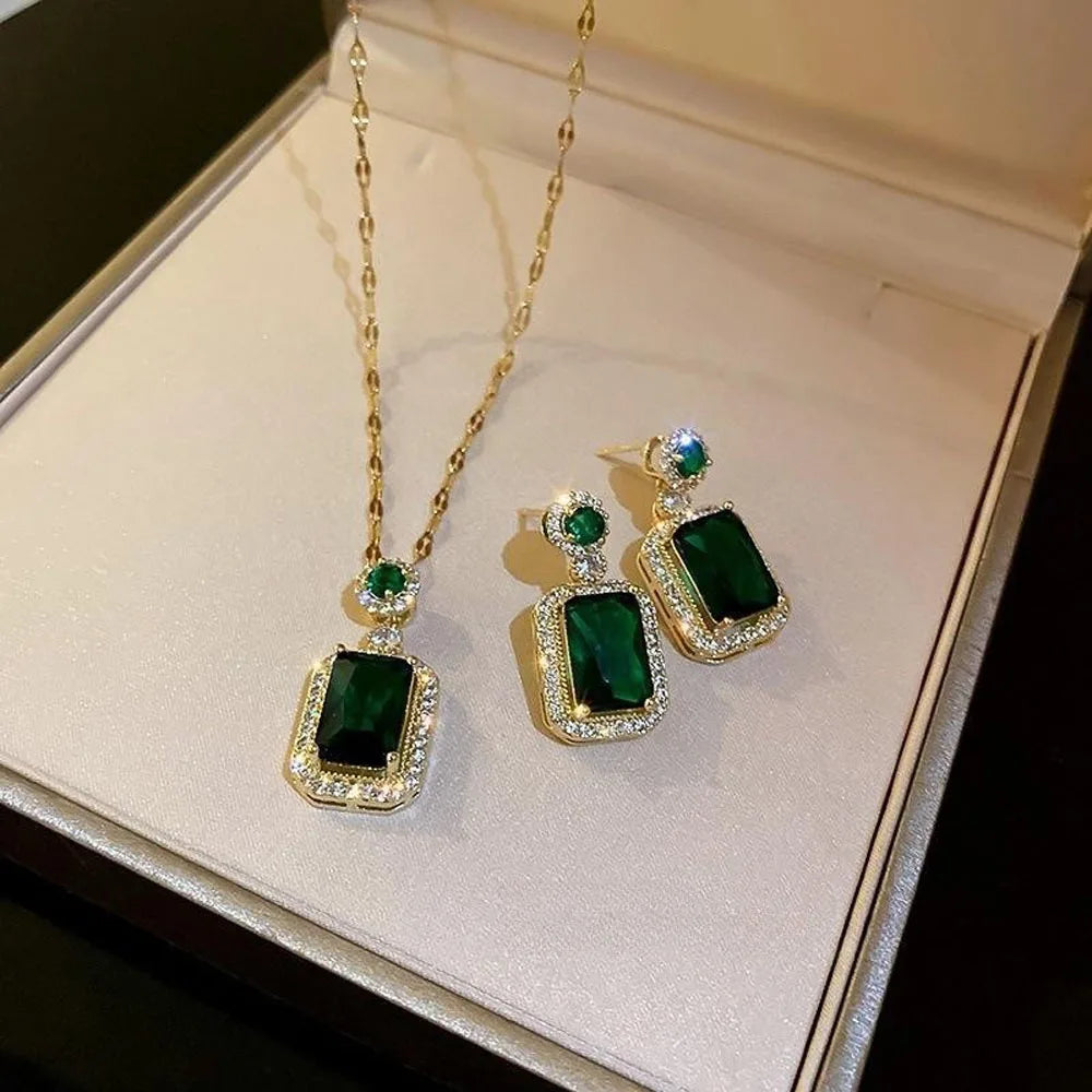 4PCS Sets Exquisite Quadrate Rhinestone Charm Gold Necklace Earrings Ring Jewelry Set Women Gifts