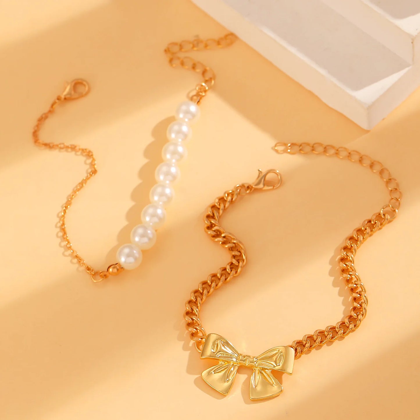 2pcs Korean Fashion Trendy New Bowknot Pearl Sweet Cute Pendant Gold Chain Women Bracelet Bangle Set