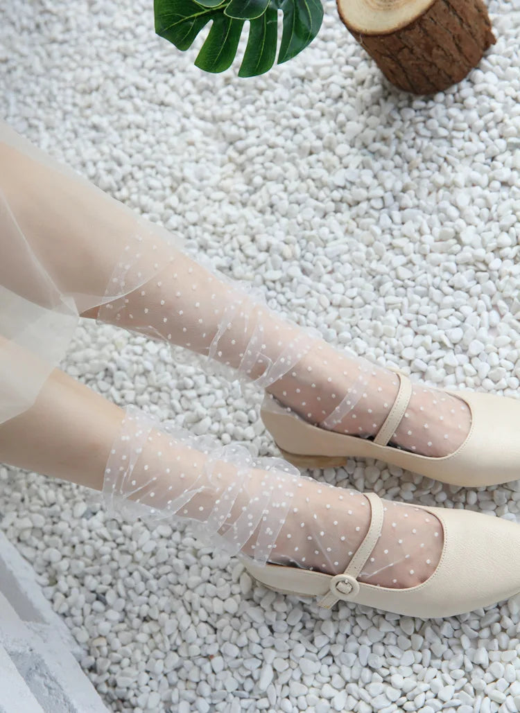 Sexy Dot Lace Transparent Mesh Ankle Ultra-Thin Princess Tulle Black White Grey Girls Women Socks