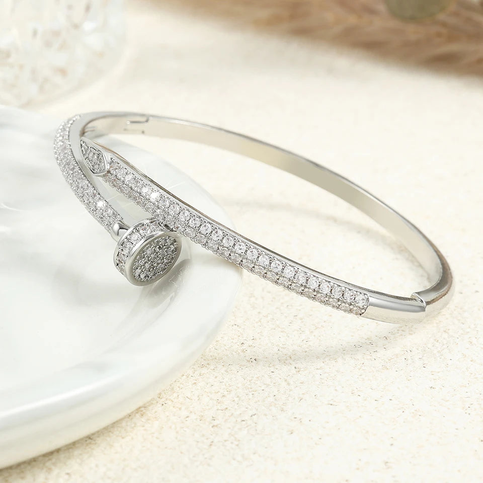 New Zircon Nail Open Fashion Crystal Inlaid Adjustable Silver Gold Women Bracelet Bangle Jewelry