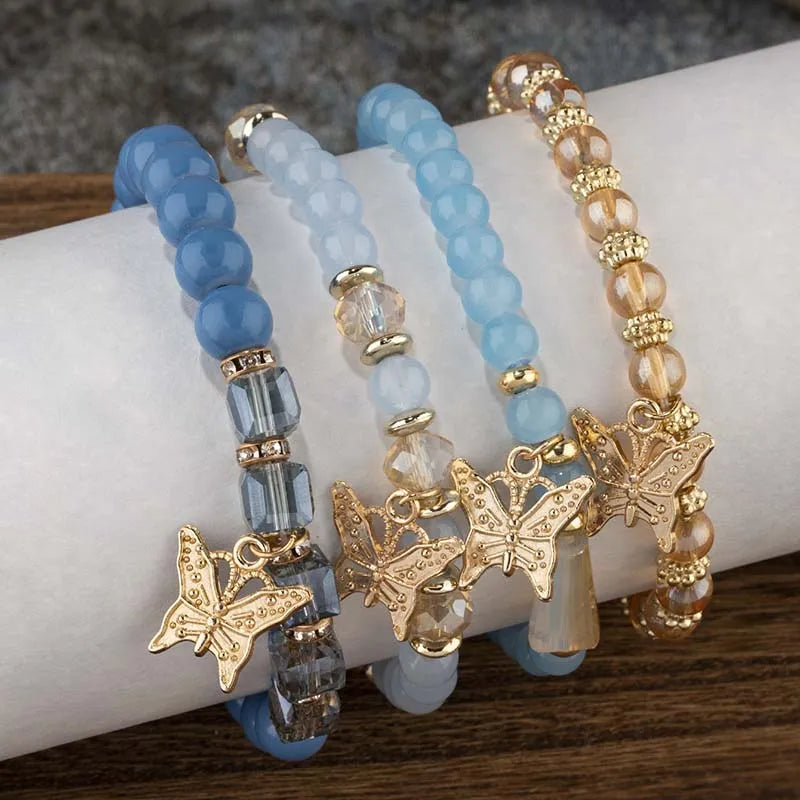 4pcs Trendy Butterfly Beaded Acrylic Beads Bohemian Elastic Chain Gold Women Bracelet Set Bangle Set