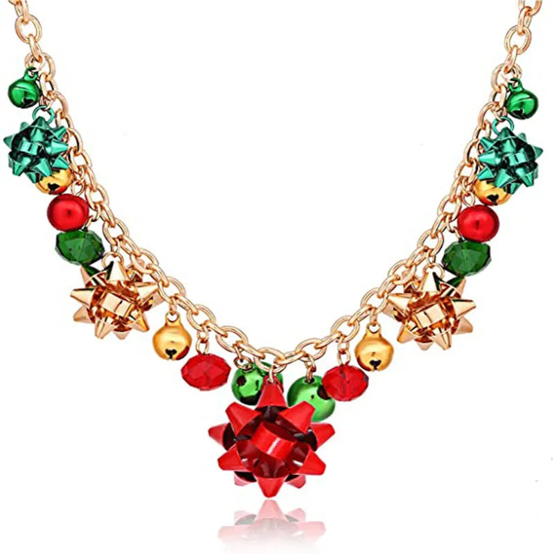 Christmas Jingle Bell Present Bow Pendant Gold Silver Women Girls Necklace Earrings Bracelet Gifts