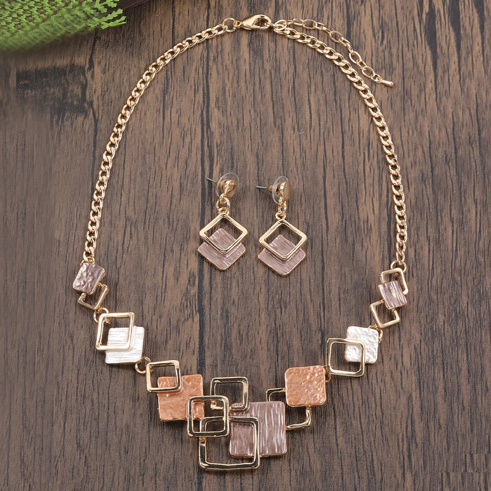 Fashion Simple Drip Oil Geometric Trendy Daily Party Necklace Earrings Gold Silver Women Jewelry Set