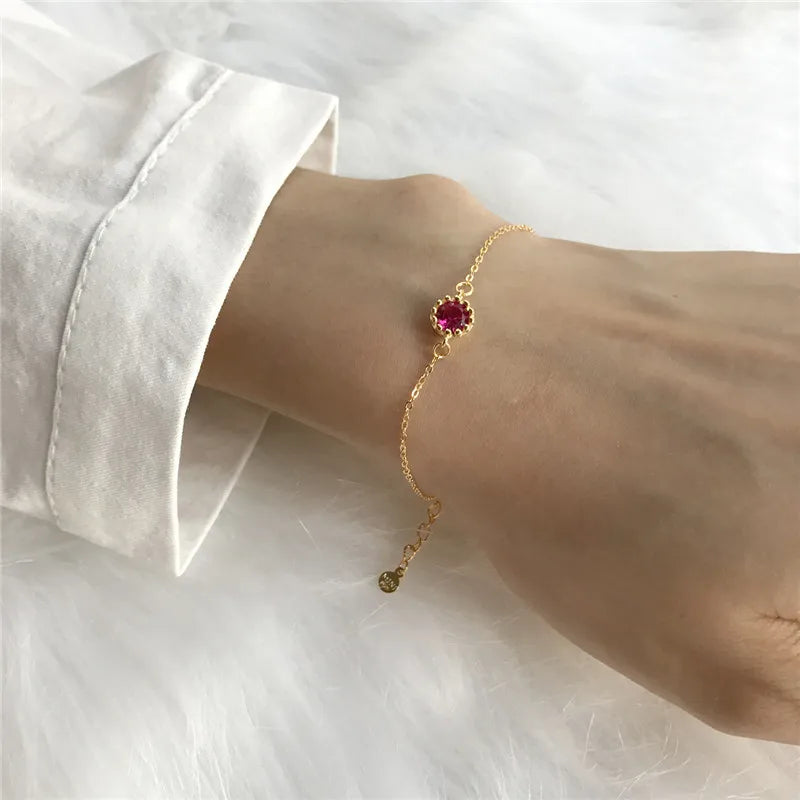 Korean Simple Geometric Rose Red Gold Zircon Thin Chain Fashion Women Bracelet Jewelry Gift