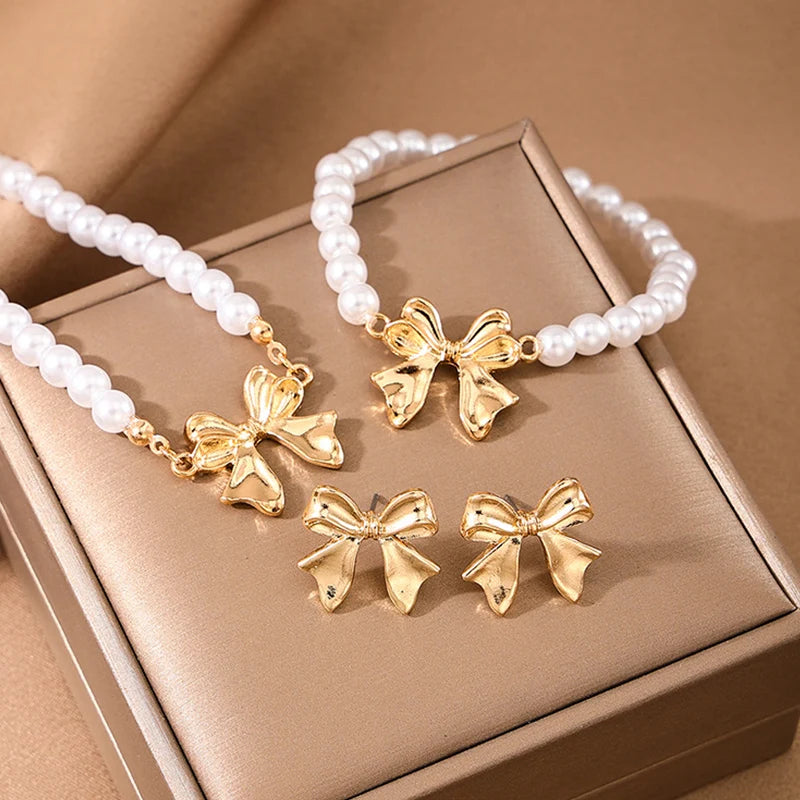 Chain Bowknot Imitation Pearl Fashion Classic Necklace Earrings Bracelet Gold Women Jewelry Set Gift