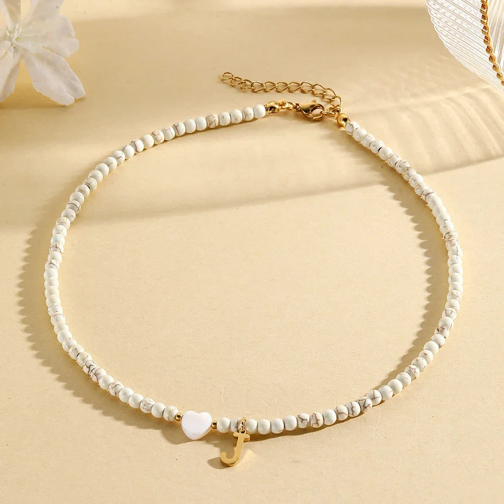 Bohemian Trendy A-Z Initial Heart Shaped Shell letter Pendant Beads Gold Women Necklace Choker