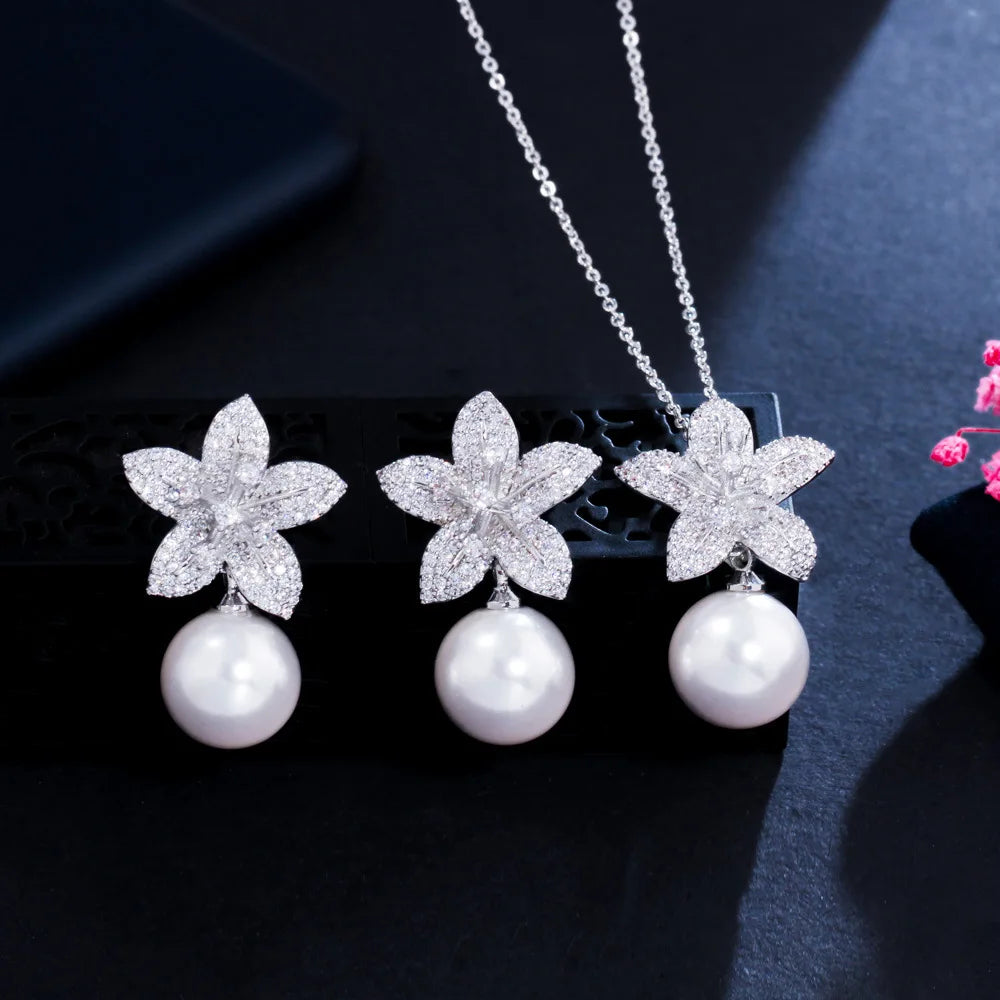 Pearl Flower Fairy Sweet Elegant Micro-Embedded Necklace Earrings Gold Silver Women Jewelry Set