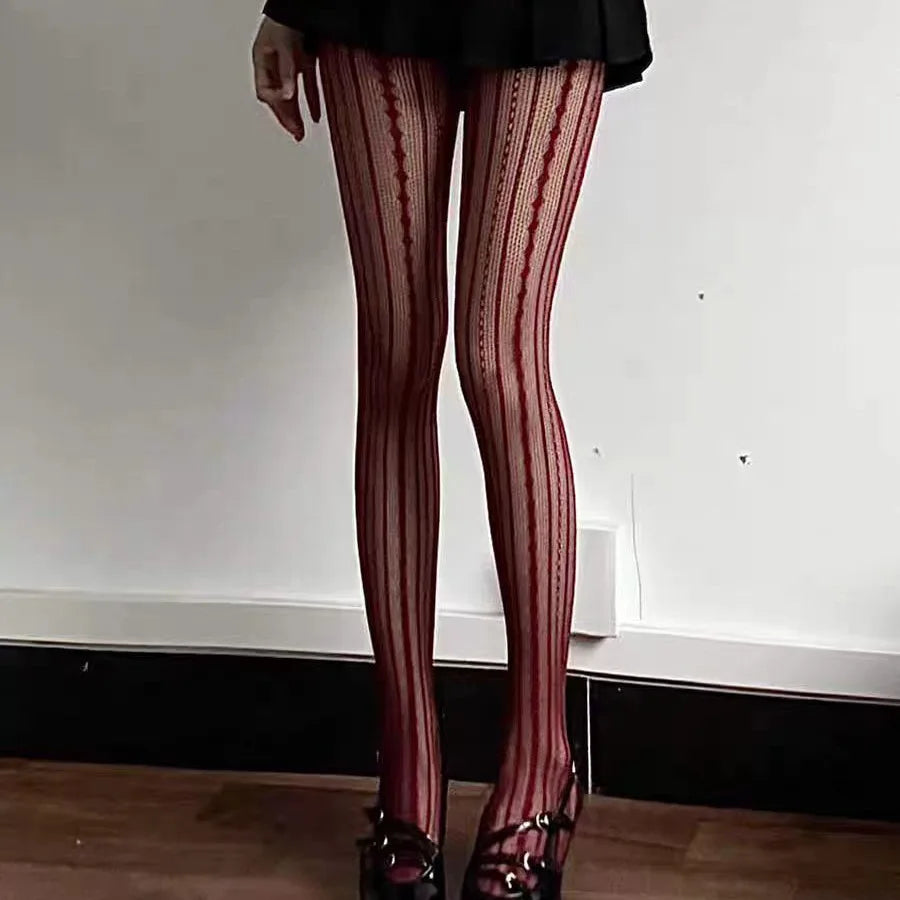 Sexy Stripes Lace Fishnet White Wine Red Gray Black Tights Thin Party Club Socks Pantyhose Stockings