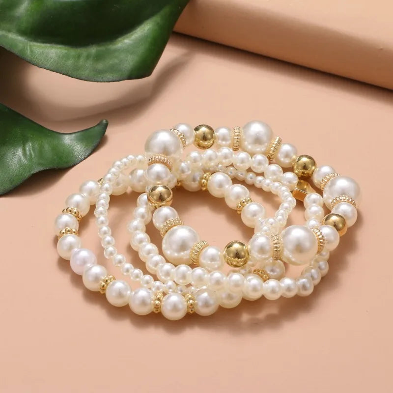 4pcs Beautiful Versatile Pearl Gold Beads Love High Grade Elegant Fashion Women Bracelet Bangle Set