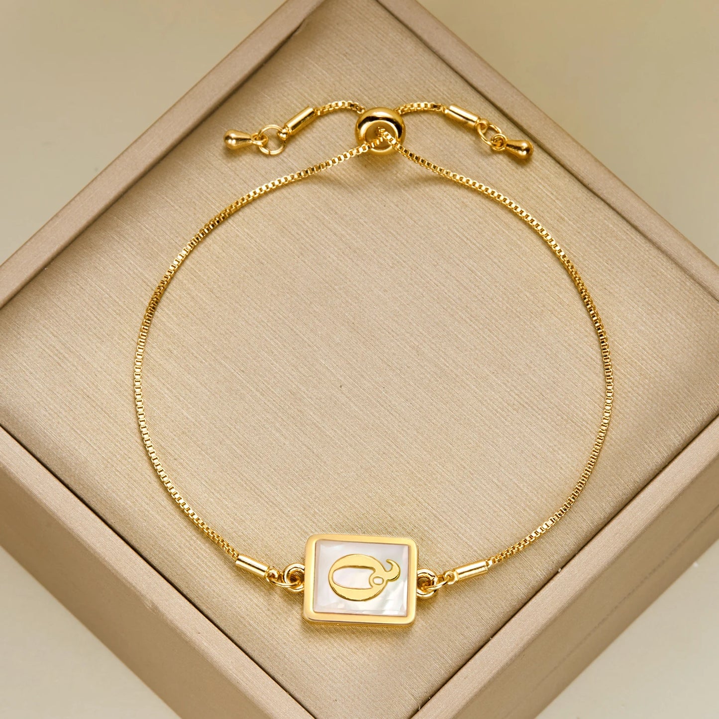 Luminous Square White Shell 26 Alphabet A-Z Initials Letters Adjustable Chain Gold Women Bracelet