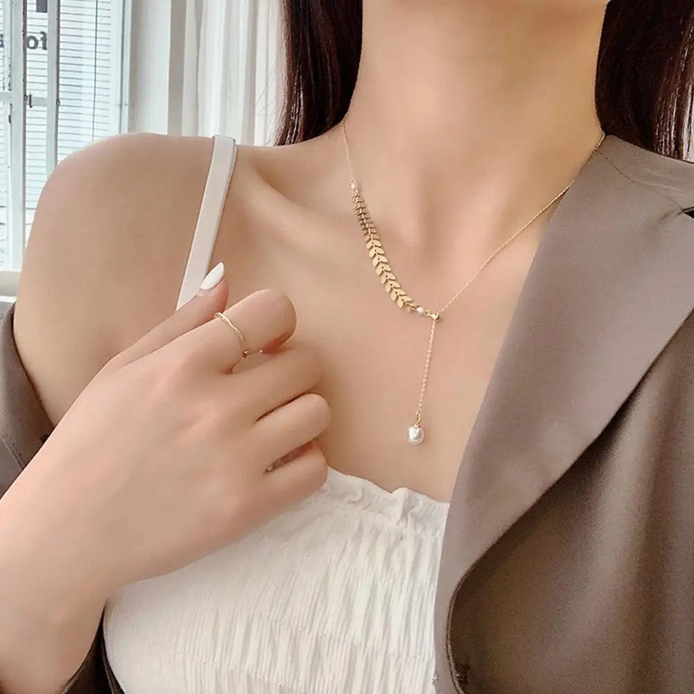 New Simple Wheat Ear Pearl Temperament Lucky Gold Charm Women Bracelet Necklace Earrings Jewelry Set