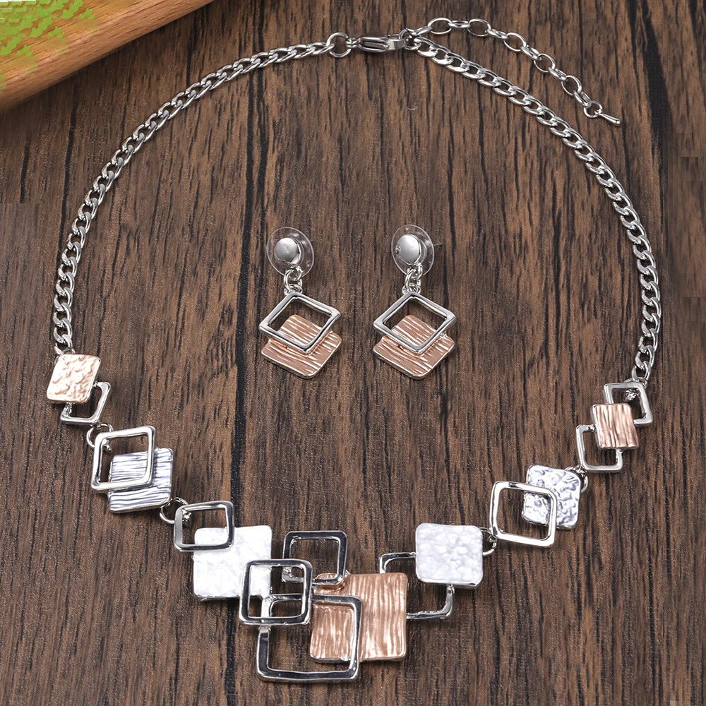 Fashion Simple Drip Oil Geometric Trendy Daily Party Necklace Earrings Gold Silver Women Jewelry Set