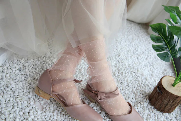 Sexy Dot Lace Transparent Mesh Ankle Ultra-Thin Princess Tulle Black White Grey Girls Women Socks