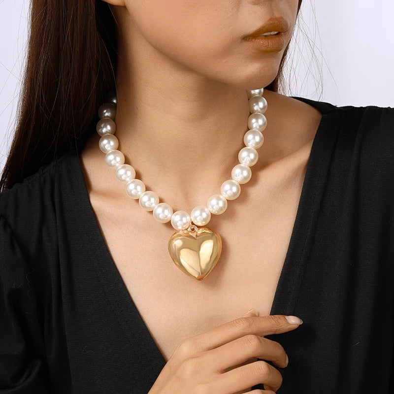 Elegant Trendy Cool Imitation Pearl Big Love Heart Pendant Gold Women Necklace Jewelry Gifts