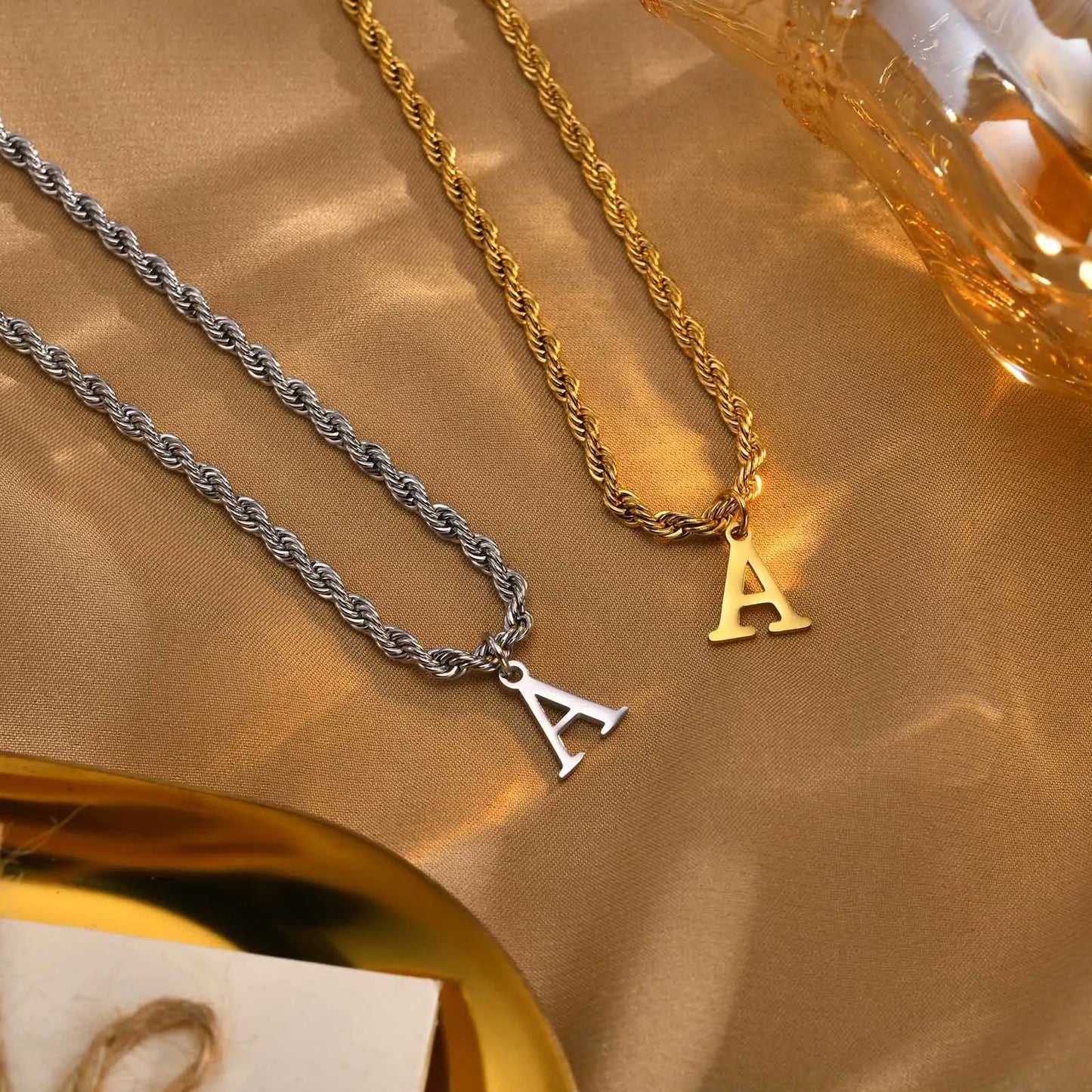 Initial A-Z Letters Alphabet Charm Pendant Twisted Rope Chain Unisex Gold Silver Women Men Necklaces