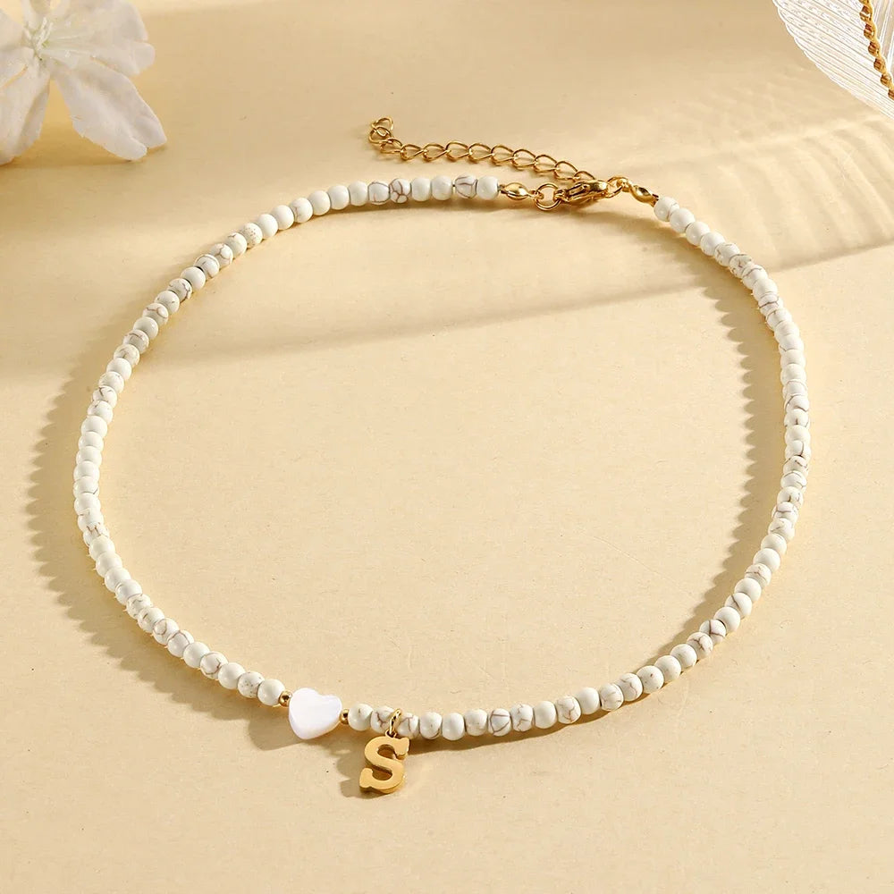 Bohemian Trendy A-Z Initial Heart Shaped Shell letter Pendant Beads Gold Women Necklace Choker