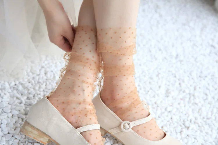 Sexy Dot Lace Transparent Mesh Ankle Ultra-Thin Princess Tulle Black White Grey Girls Women Socks
