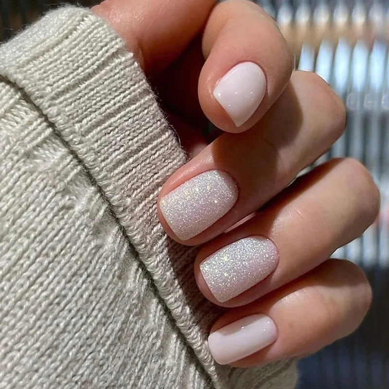 24pcs Shiny Pearl Wearable Short Square Simple Detachable Full Cover Tips False Fake Press on Nails