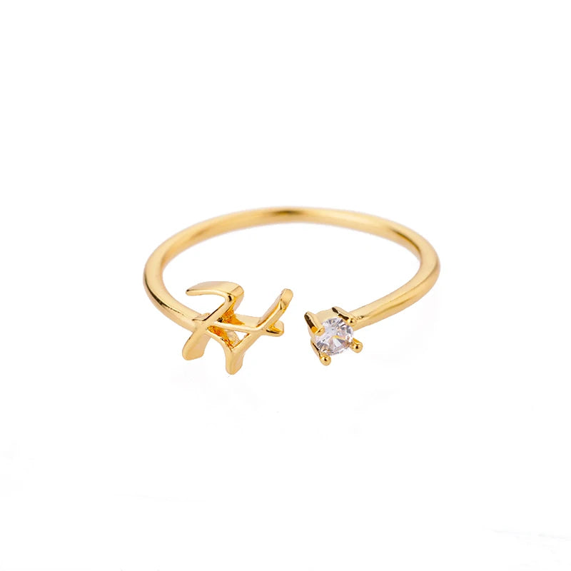 A-Z Initial Open Adjustable Wedding Trendy Crystal Zircon Gold Couple Women Rings Jewelry Gift